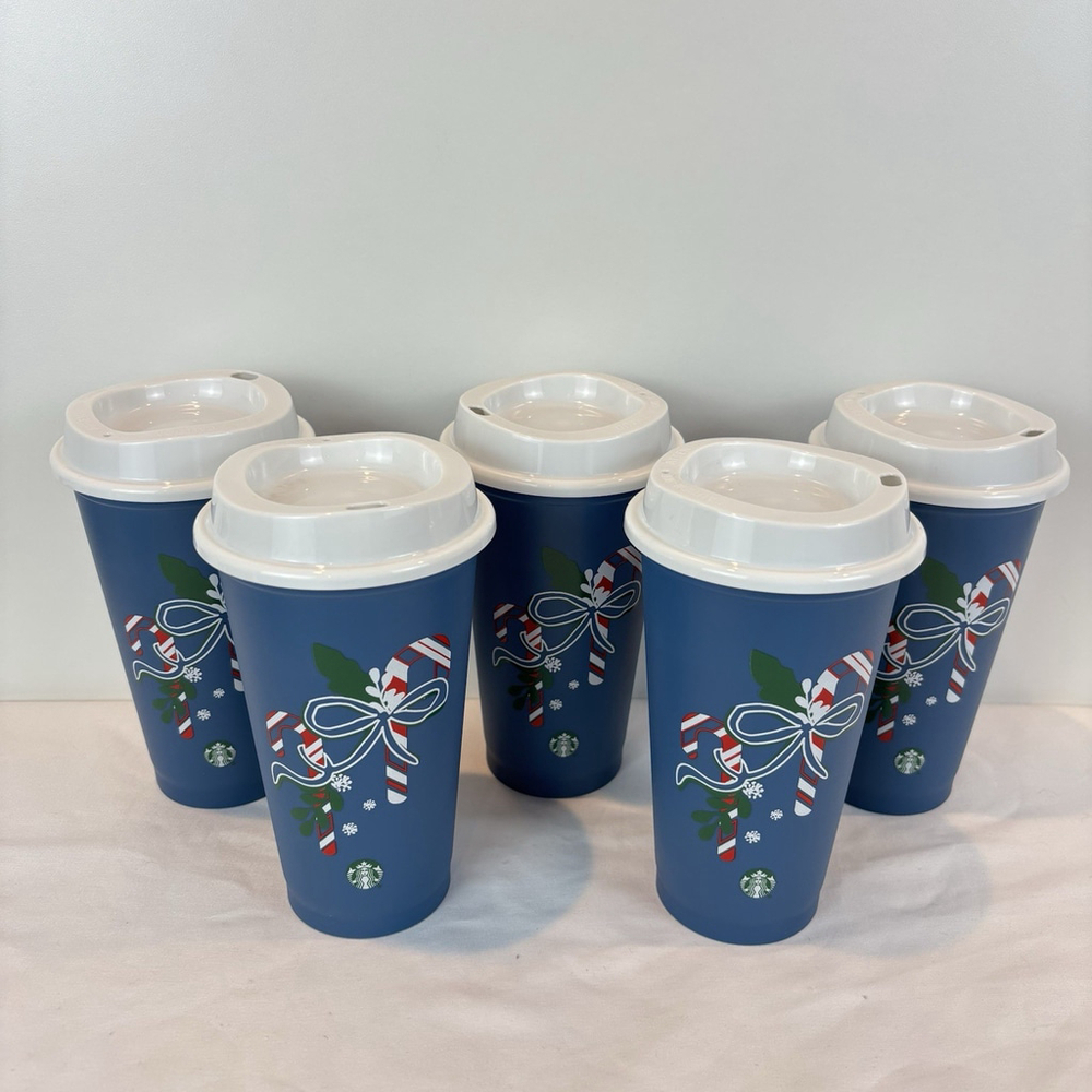 Set of 5 Starbucks 2021 Christmas Holiday Blue Candy Cane Color Changing Cups